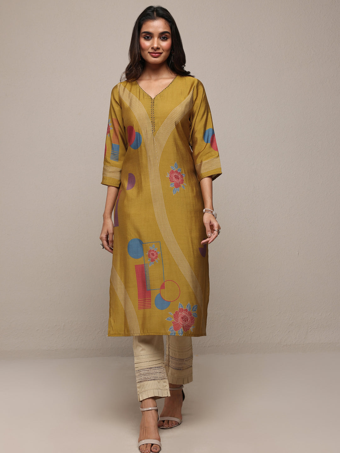 Mustard Floral Printed Silk Blend Straight Kurta