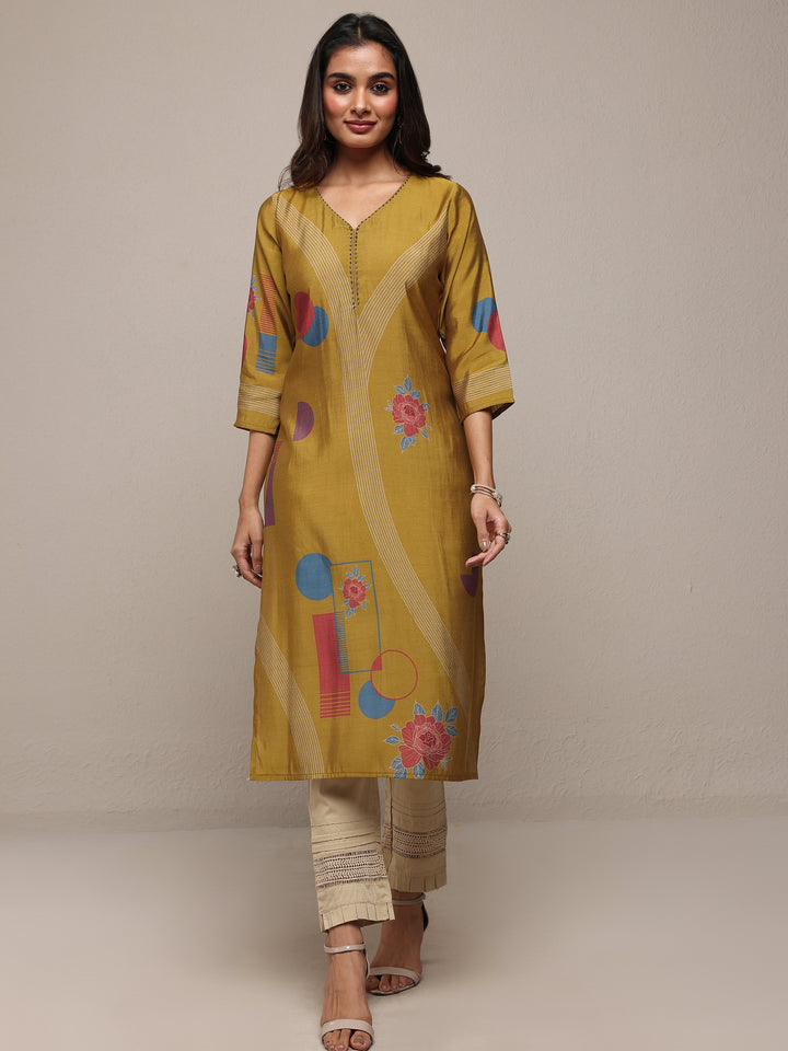 Mustard Floral Printed Silk Blend Straight Kurta