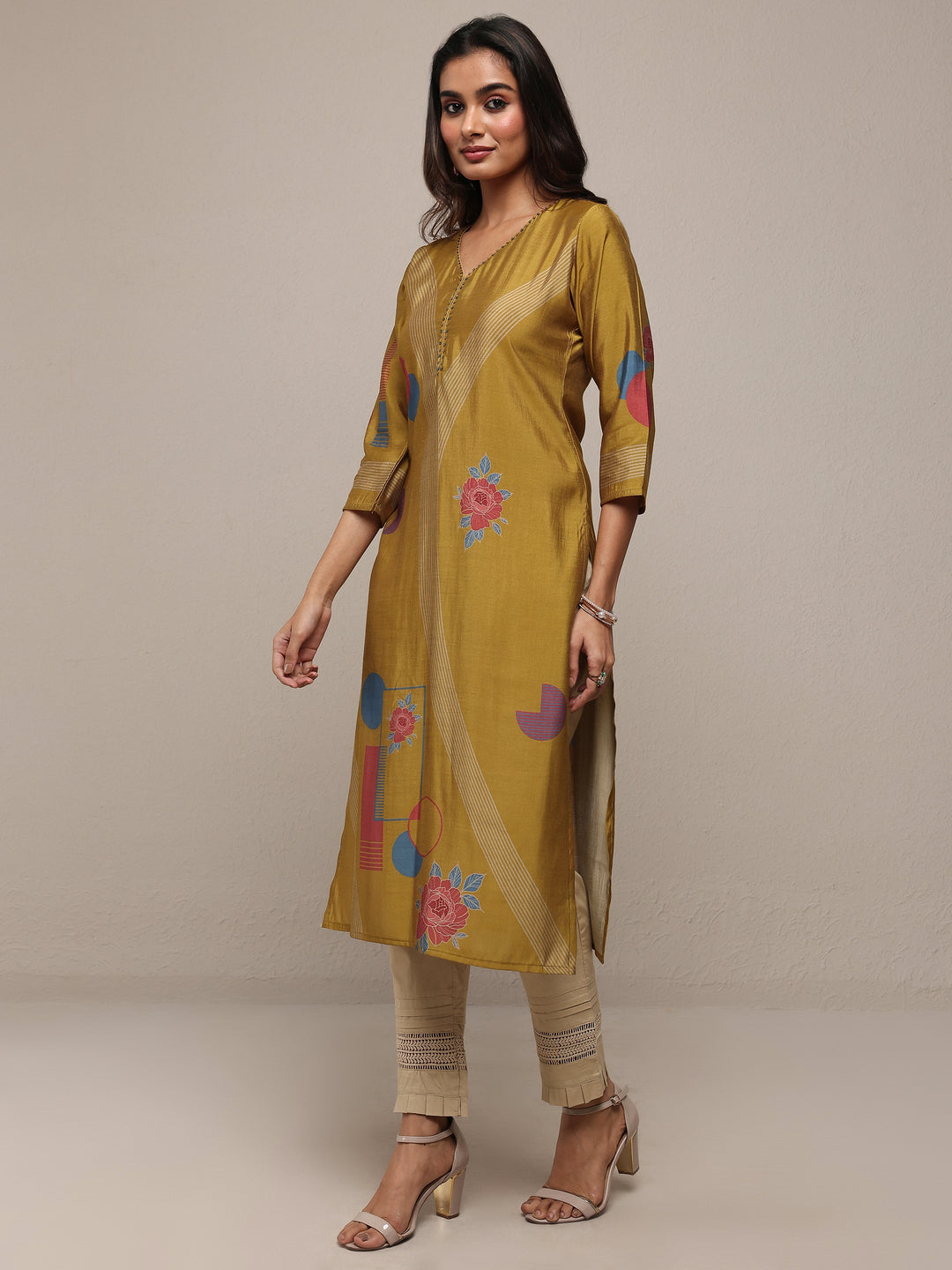 Mustard Floral Printed Silk Blend Straight Kurta