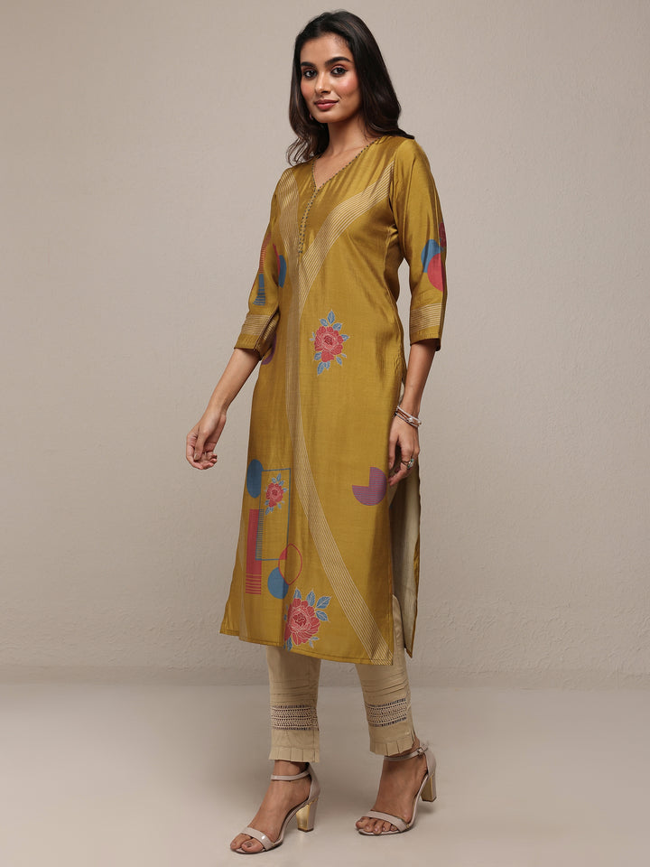 Mustard Floral Printed Silk Blend Straight Kurta