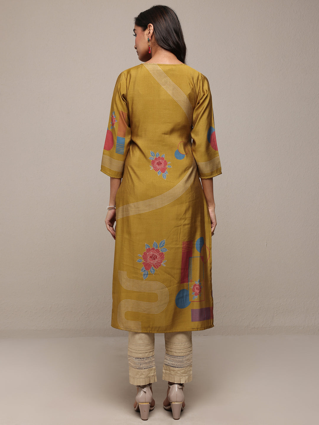Mustard Floral Printed Silk Blend Straight Kurta