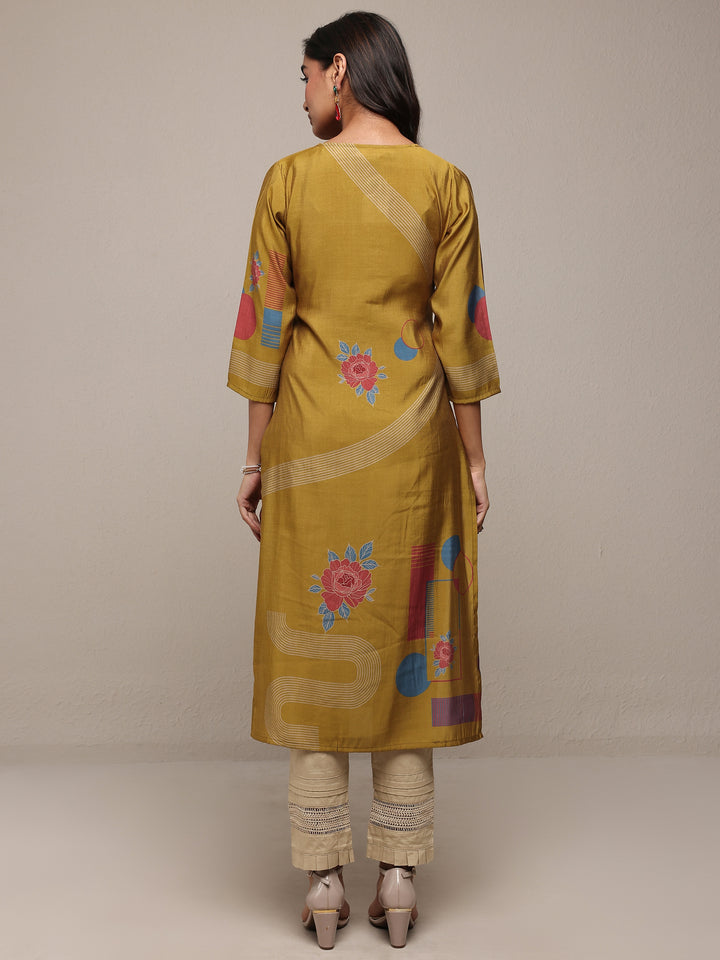 Mustard Floral Printed Silk Blend Straight Kurta