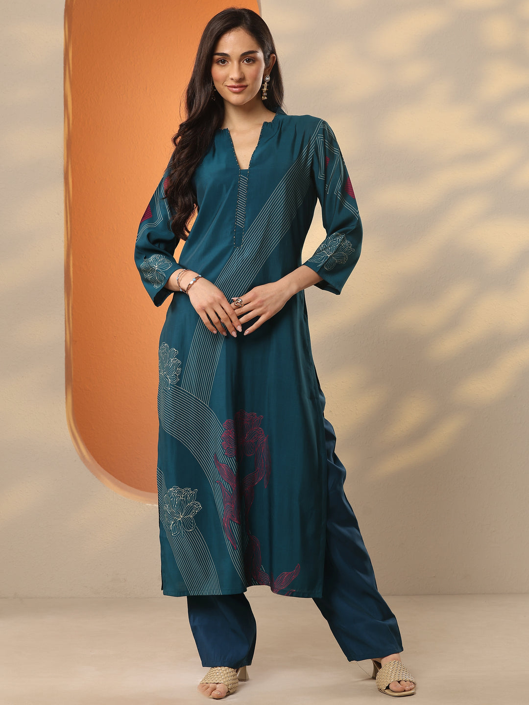 Blue Printed Silk Blend Straight Kurta