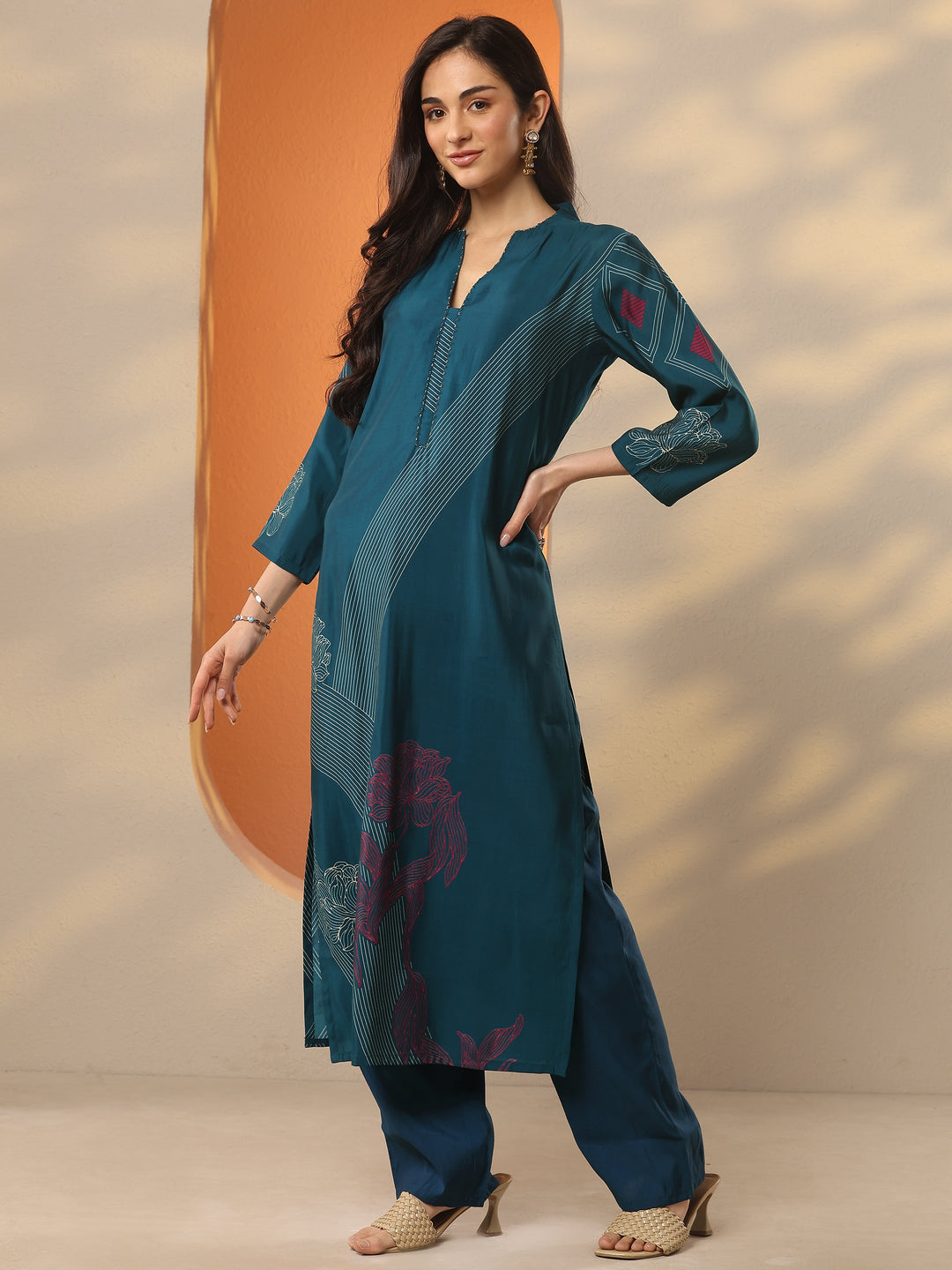 Blue Printed Silk Blend Straight Kurta