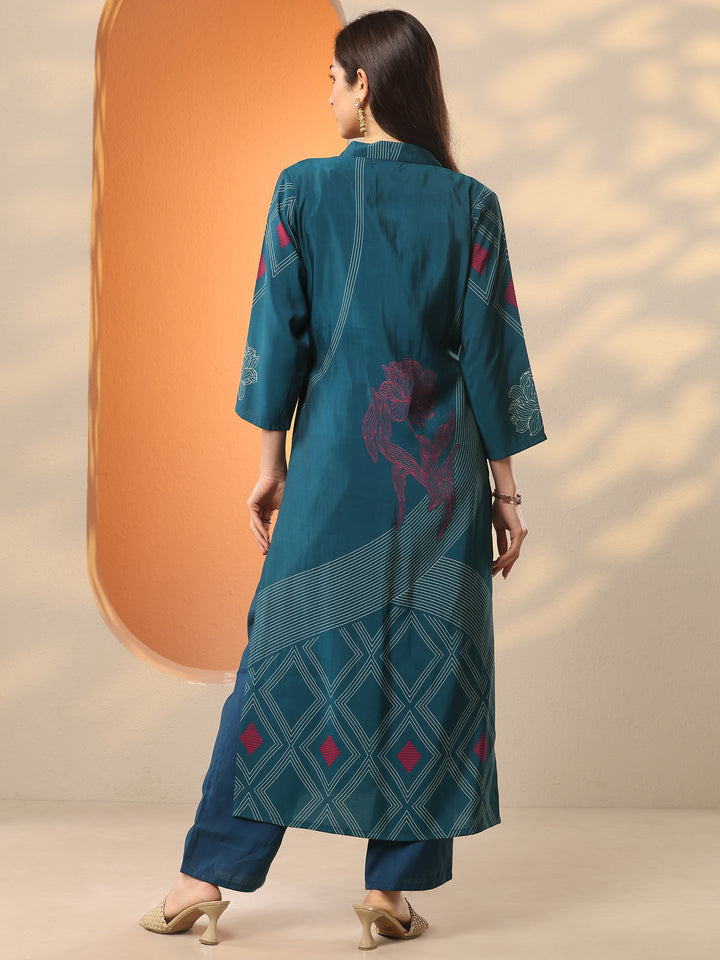 Blue Printed Silk Blend Straight Kurta