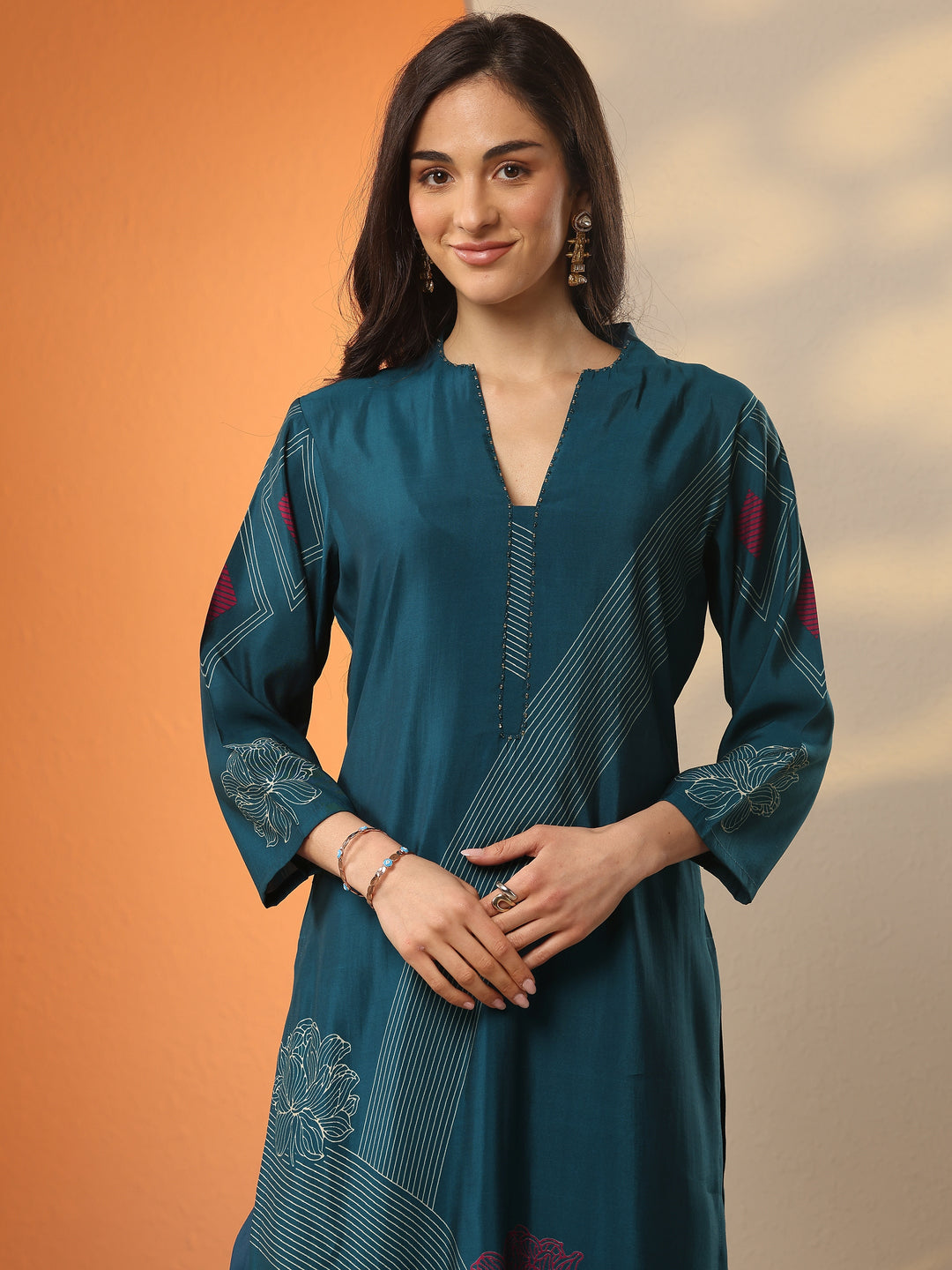 Blue Printed Silk Blend Straight Kurta