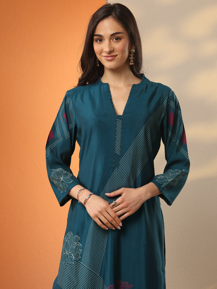 Blue Printed Silk Blend Straight Kurta