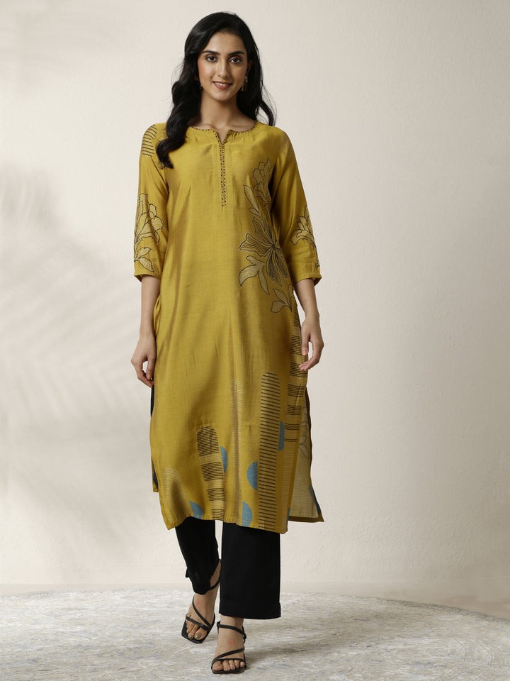 Mustard Printed Silk Blend Straight Kurta
