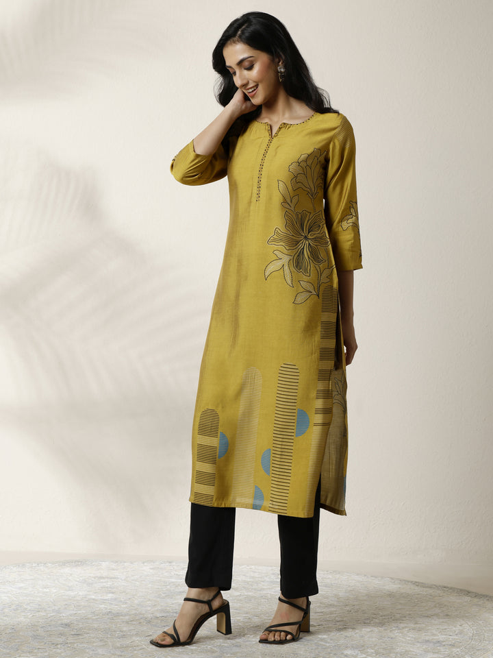 Mustard Printed Silk Blend Straight Kurta