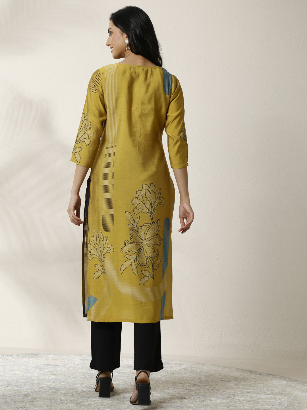 Mustard Printed Silk Blend Straight Kurta