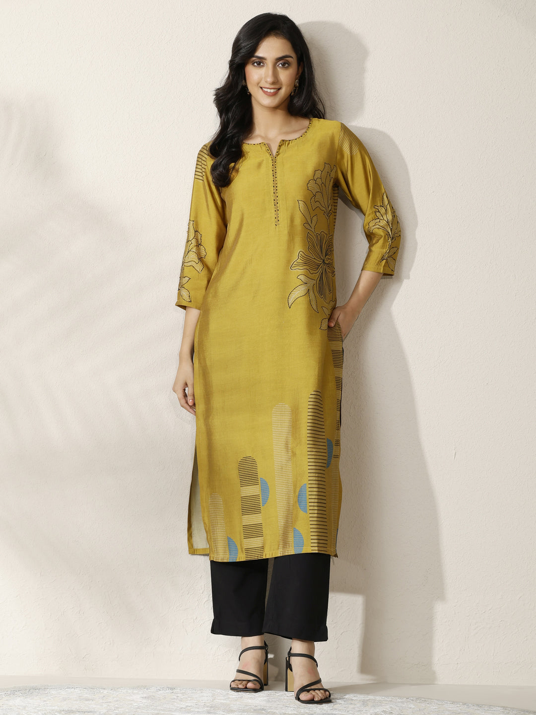Mustard Printed Silk Blend Straight Kurta