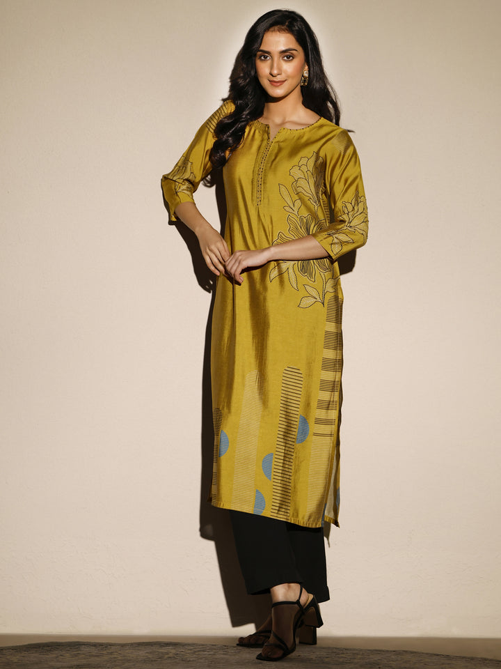 Mustard Printed Silk Blend Straight Kurta
