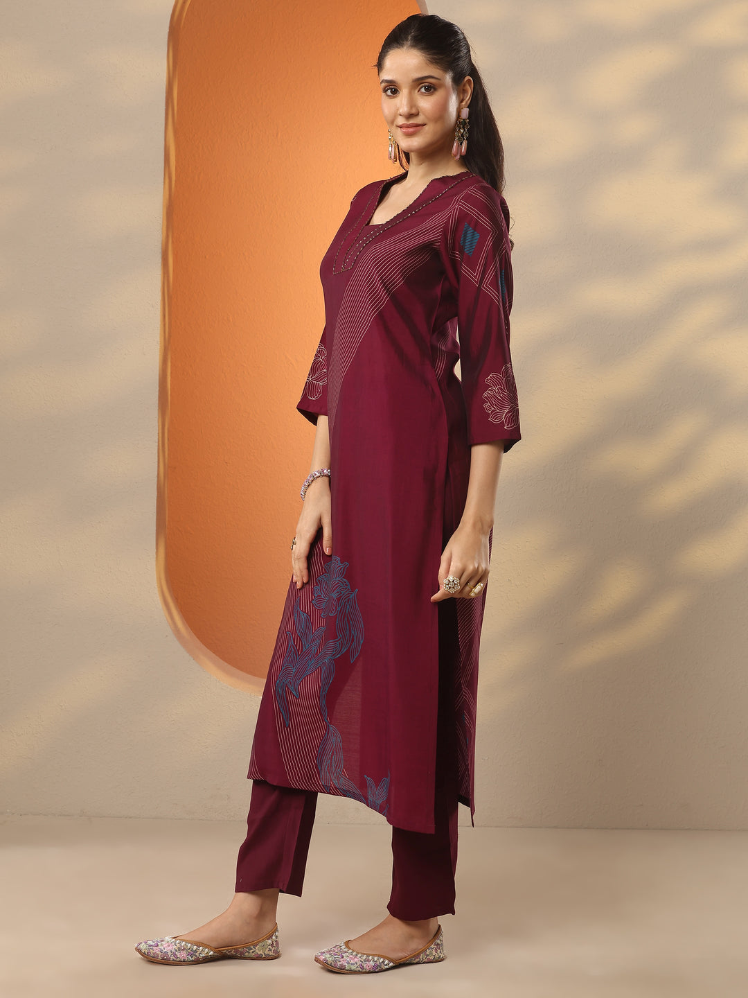 Burgundy Printed Silk Blend Straight Kurta