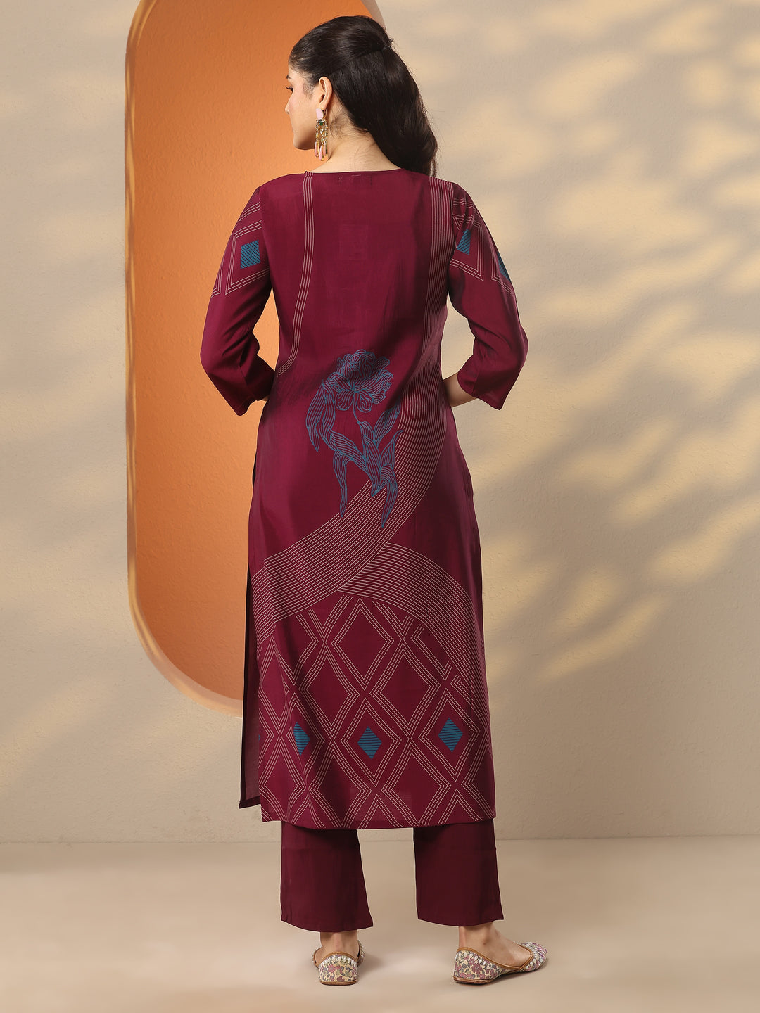 Burgundy Printed Silk Blend Straight Kurta