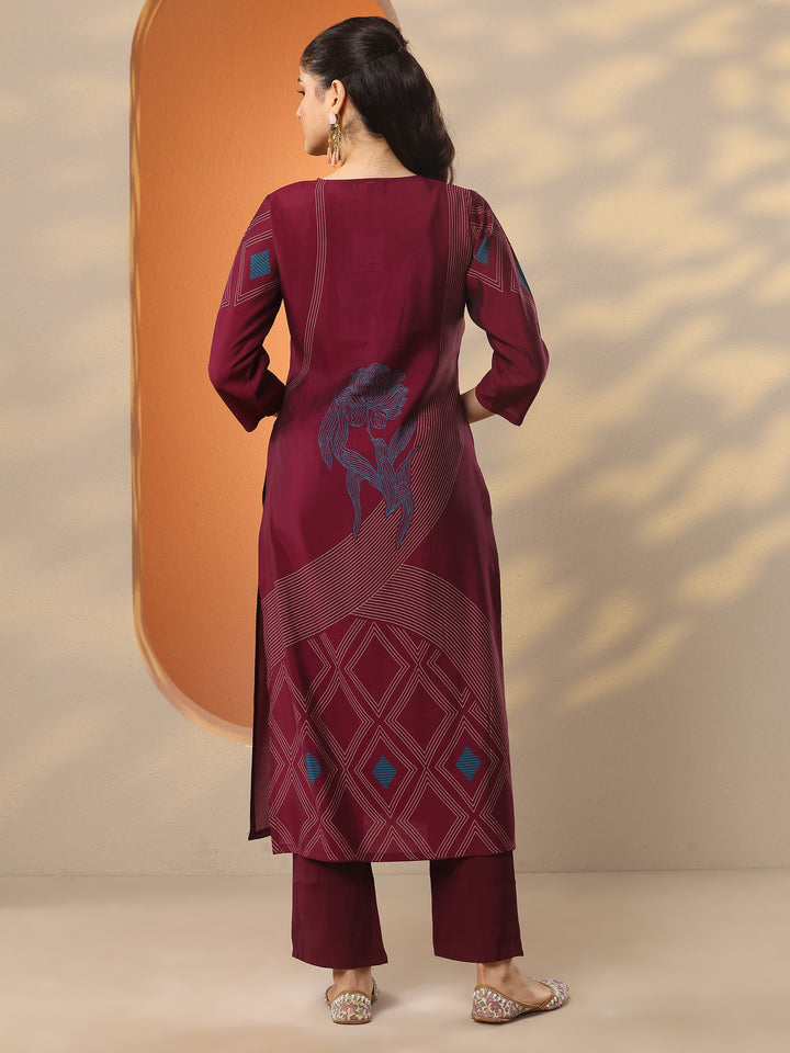 Burgundy Printed Silk Blend Straight Kurta