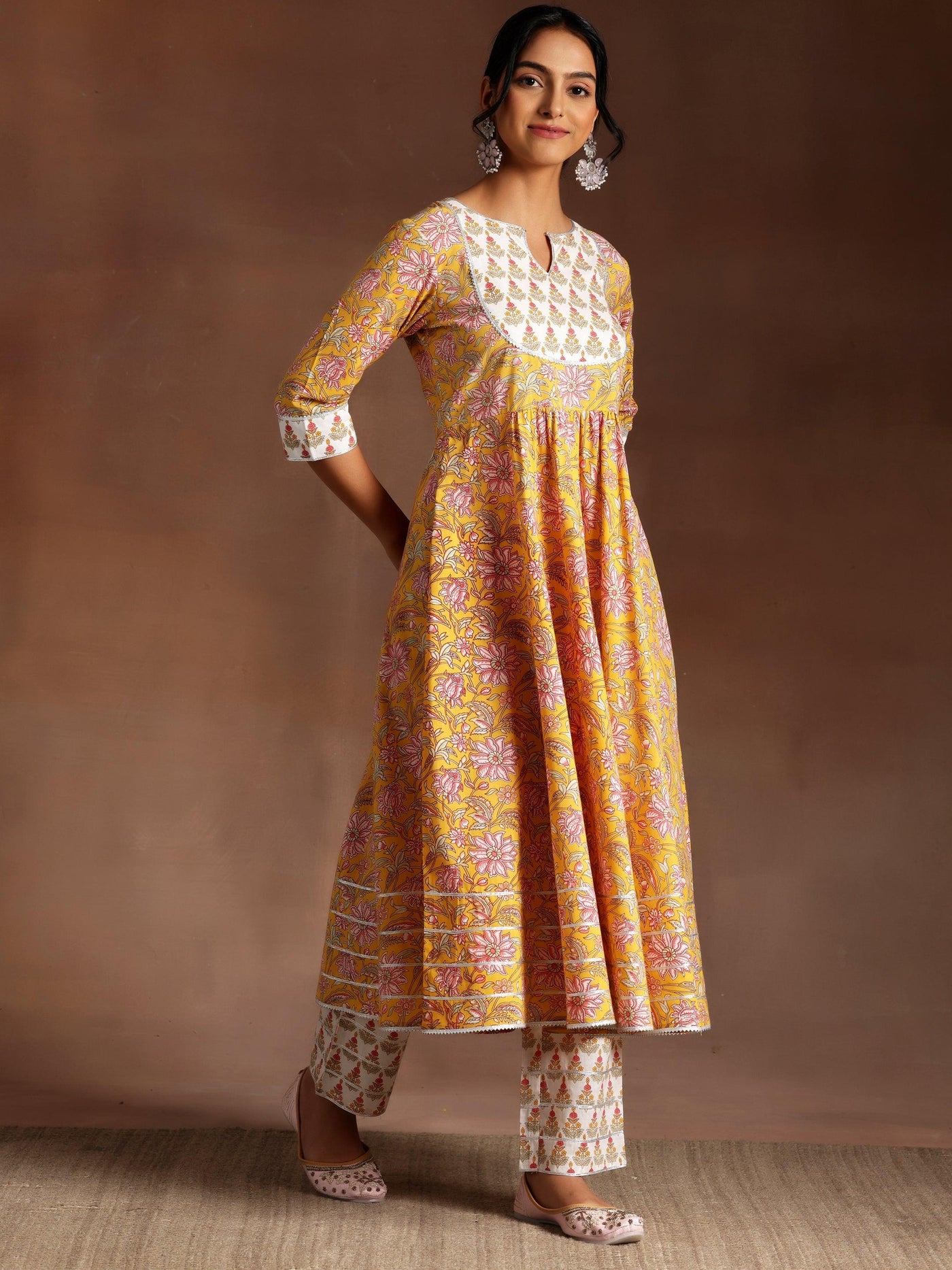 Yellow Printed Cotton Anarkali Kurta With Trousers & Dupatta - ShopLibas