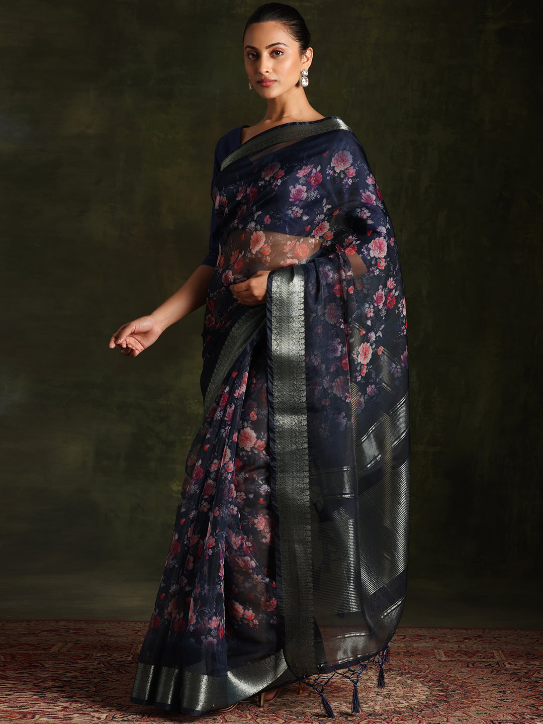 Blue Printed Organza Saree With Unstitched Blouse Piece