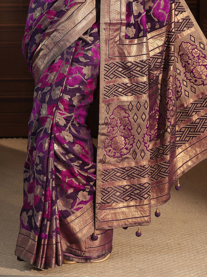 Libas Purple Floral Woven Design Silk Blend Saree