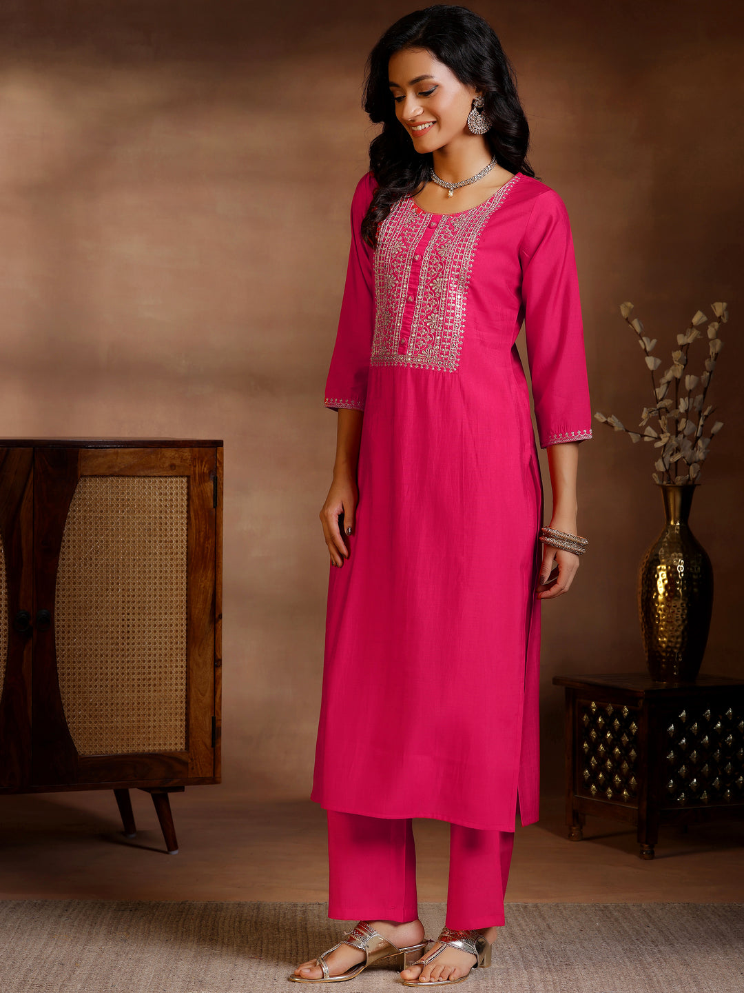 Pink Yoke Design Silk Blend Straight Suit Set With Dupatta