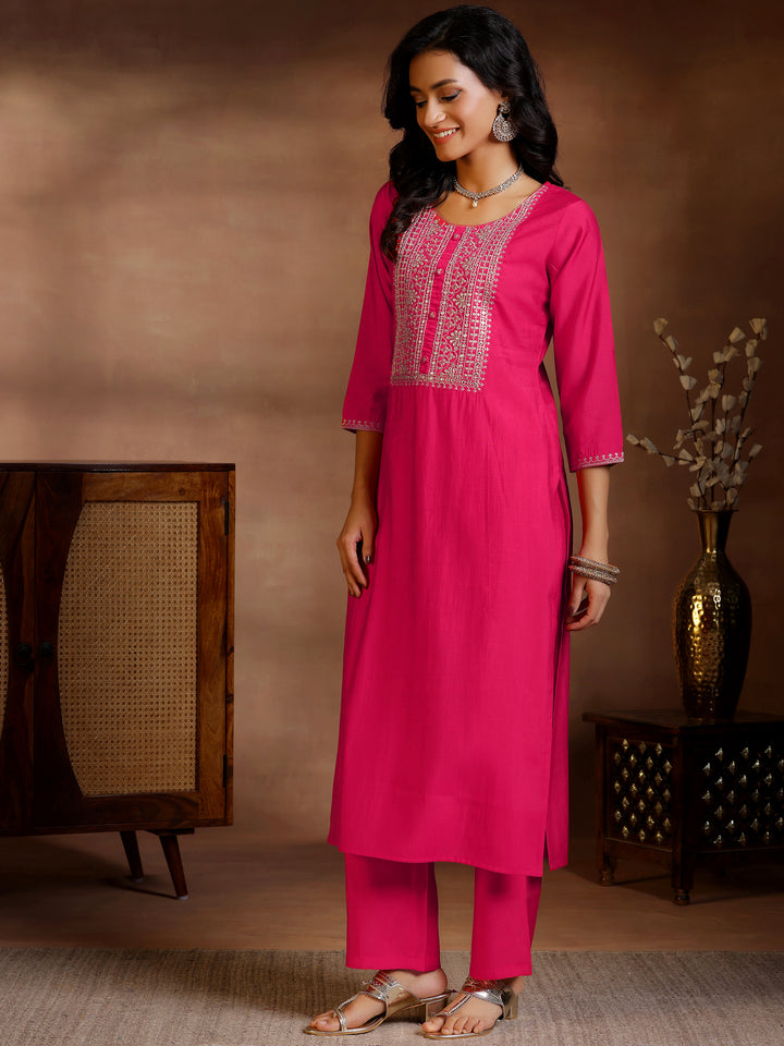 Pink Yoke Design Silk Blend Straight Suit Set With Dupatta