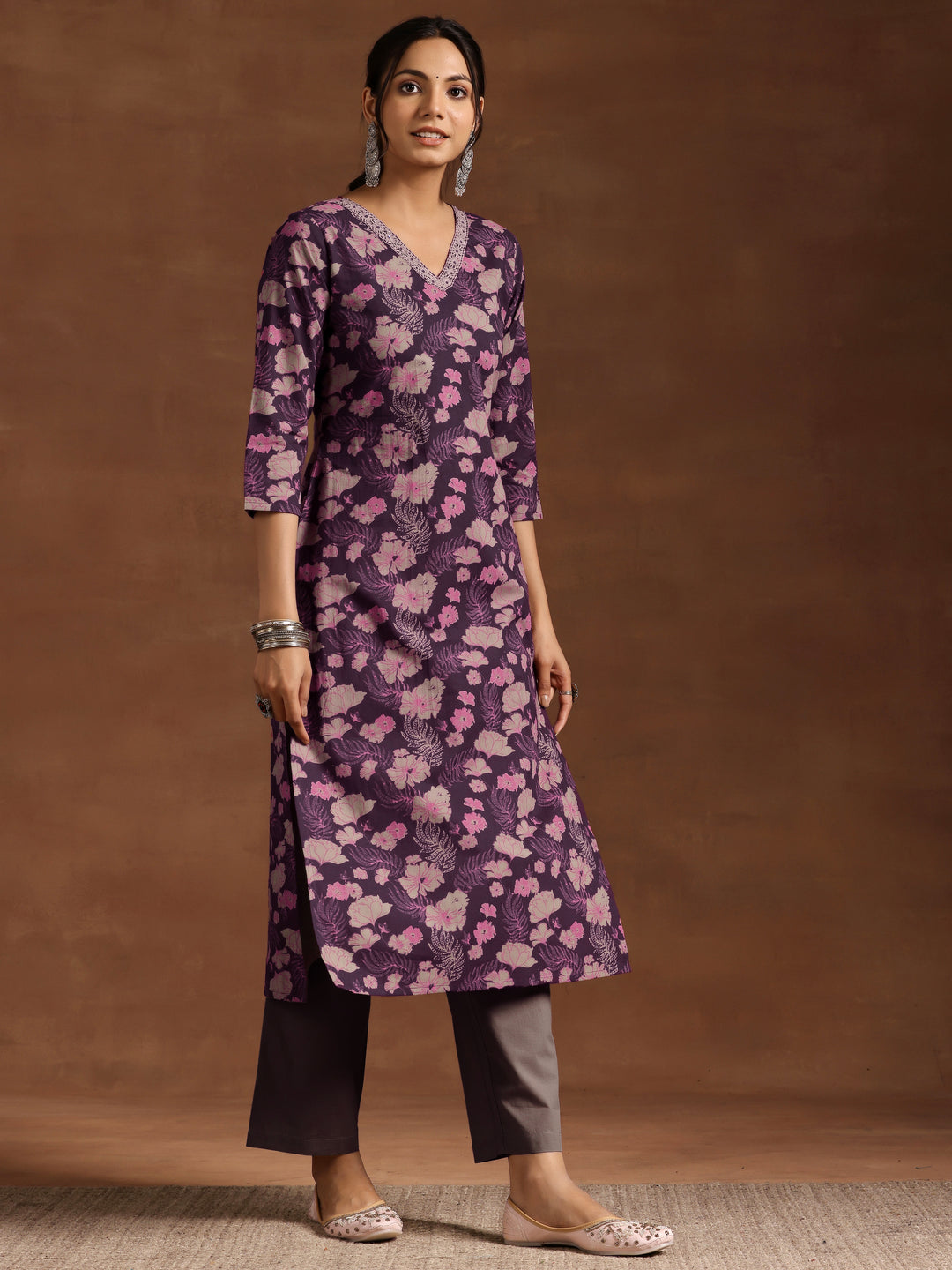 Wine Printed Cotton Straight Suit With Dupatta