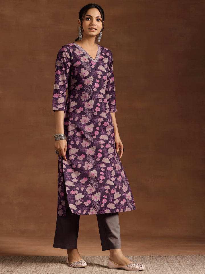 Wine Printed Cotton Straight Suit With Dupatta