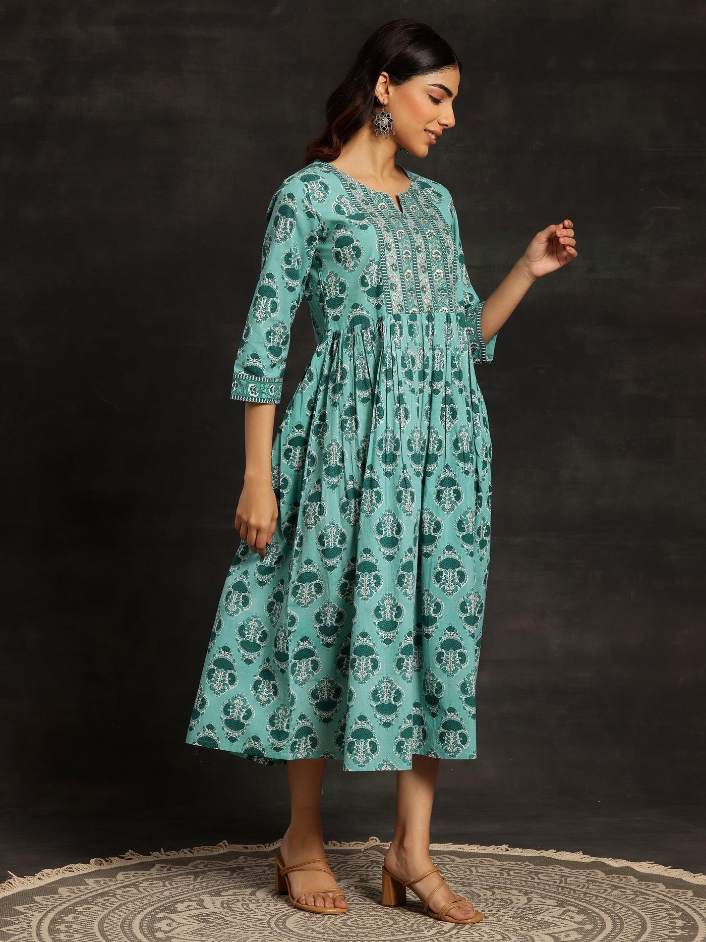 Sea Green Printed Cotton Fit and Flare Dress - ShopLibas