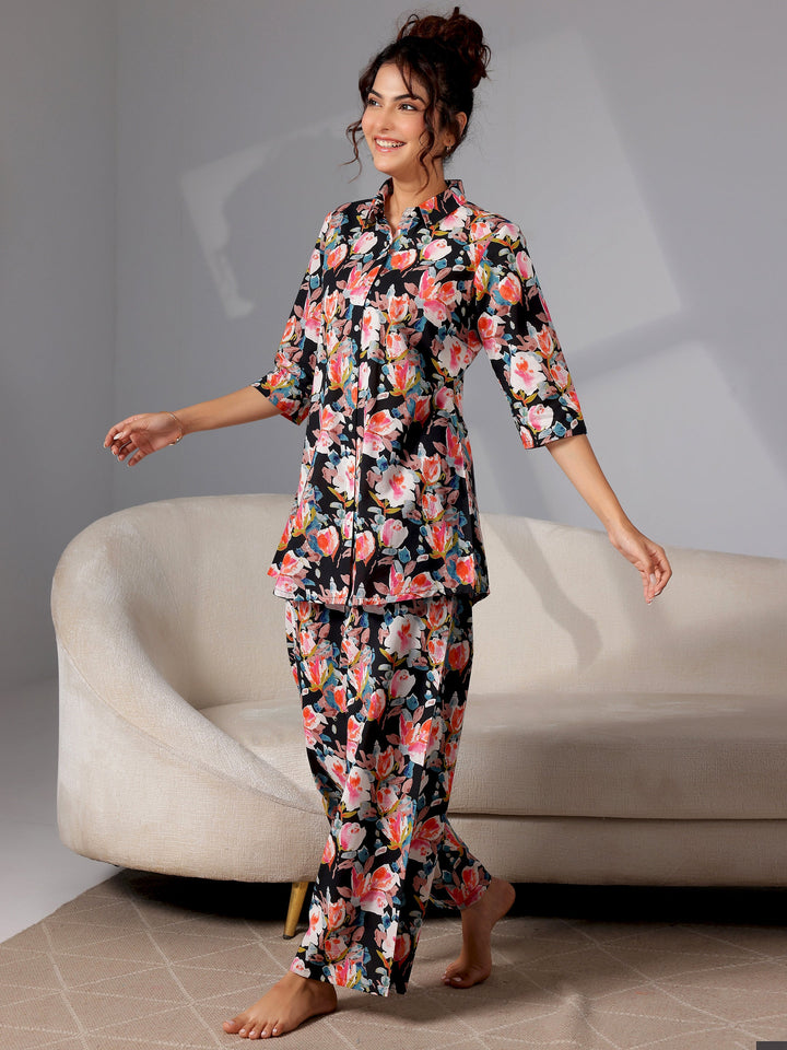 Black Printed Cotton Night Suits