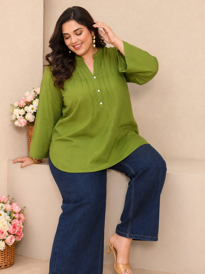 Plus Size Green Solid Cotton Blend Straight Short Kurti