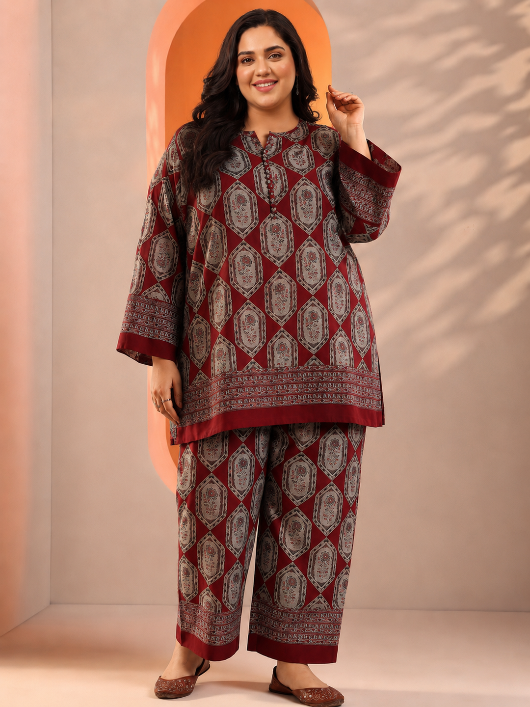 Plus Size Red Printed Silk Blend Straight Suit Set
