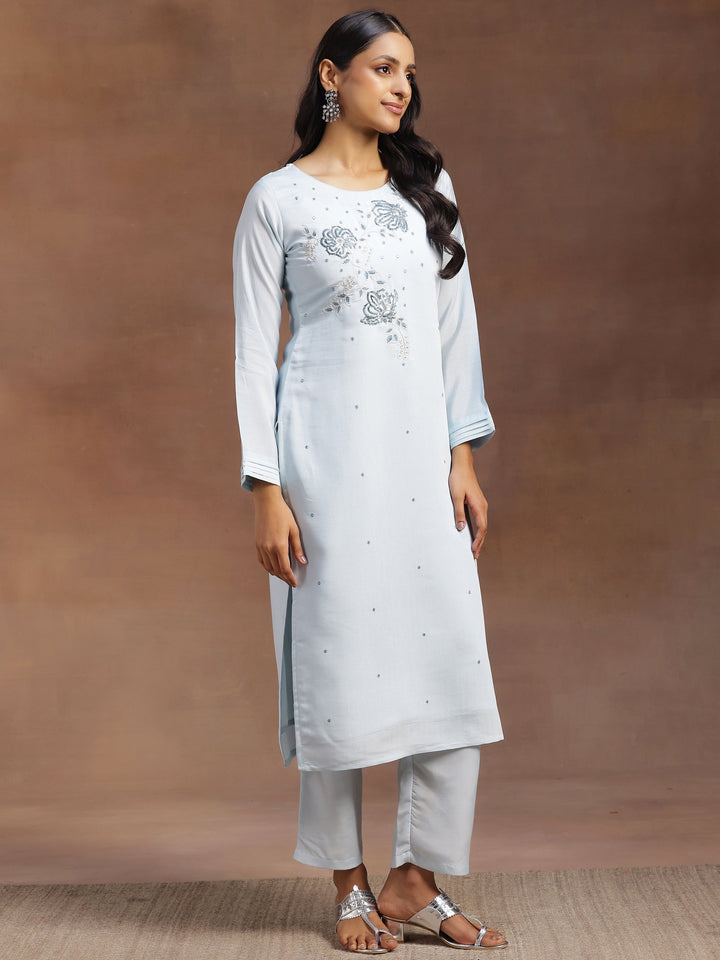 Blue Embroidered Silk Blend Straight Suit With Dupatta