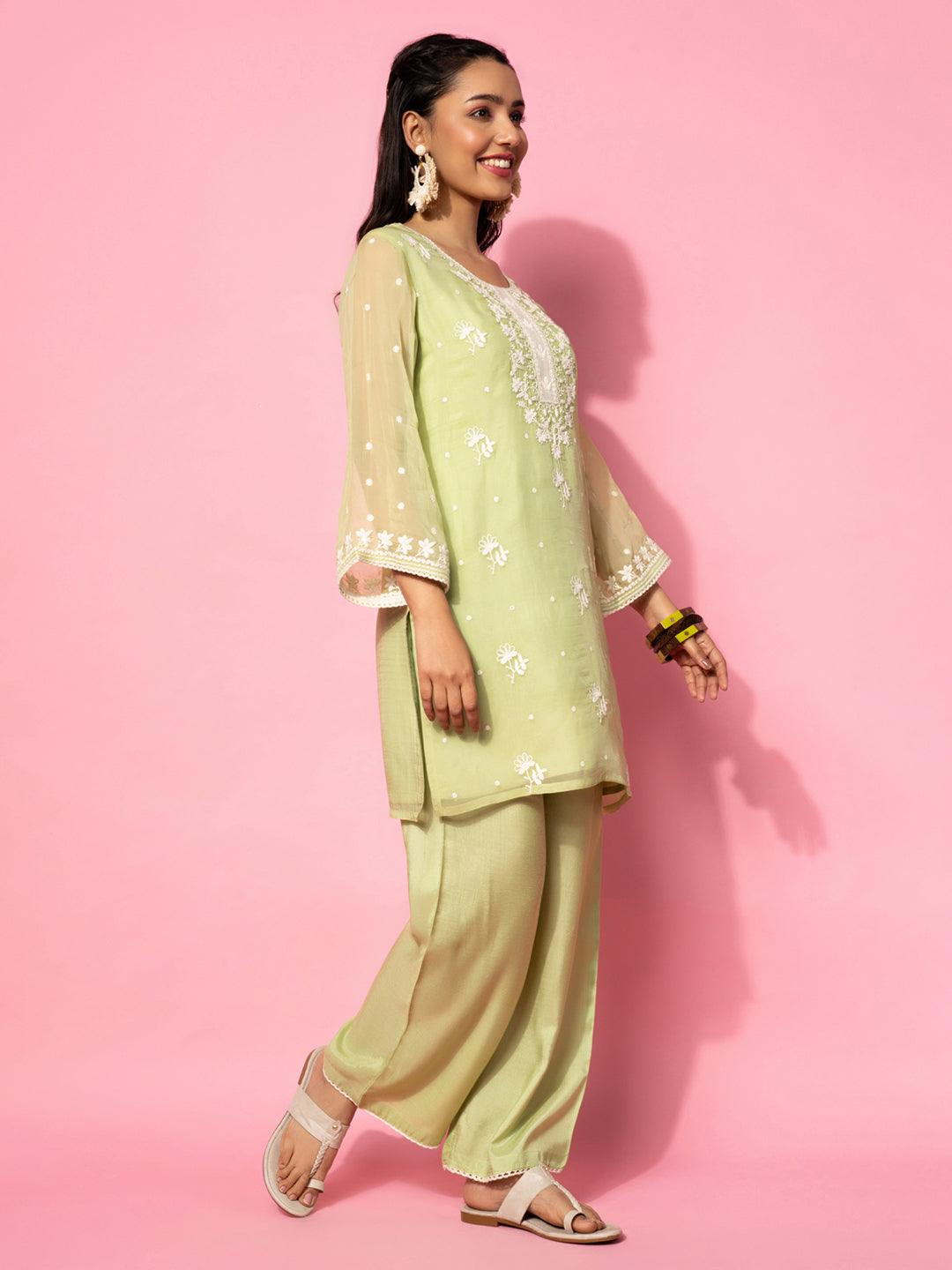 Green Embroidered Silk Blend Co-Ords