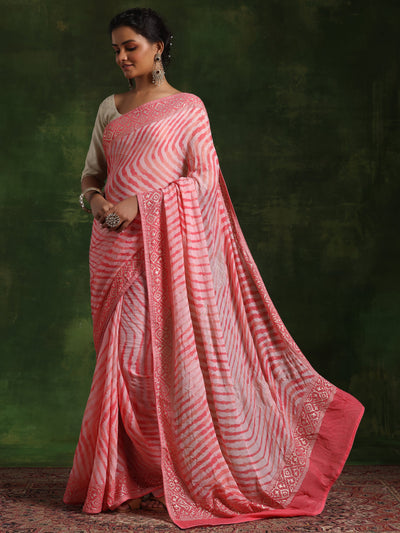 Coral Printed Poly Georgette Saree With Unstitched Blouse Piece