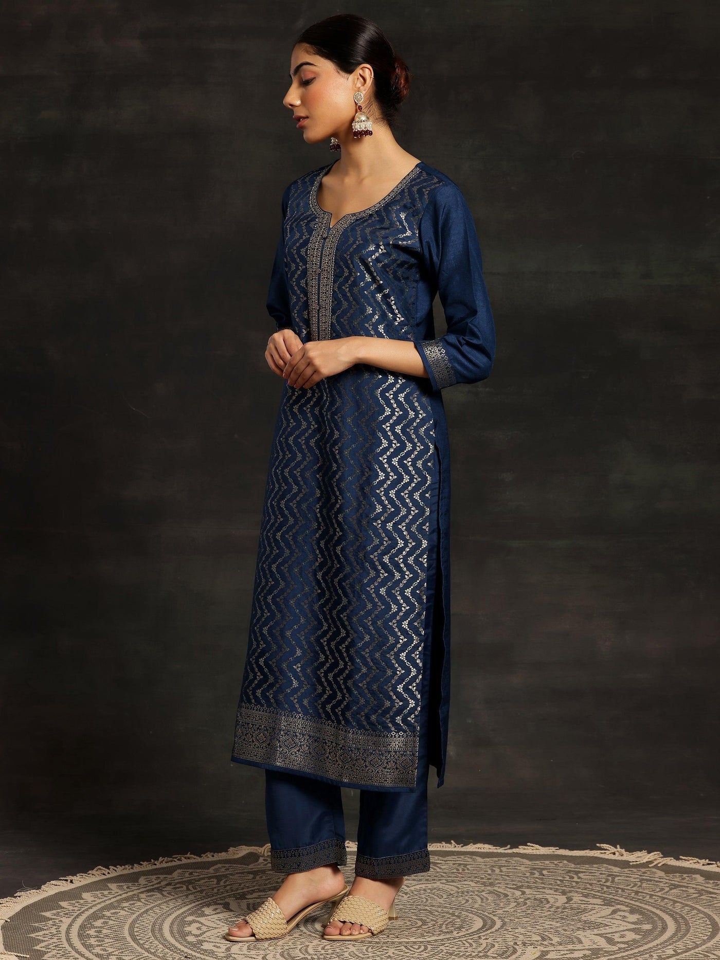 Blue Woven Design Silk Blend Straight Kurta With Trousers & Dupatta - ShopLibas