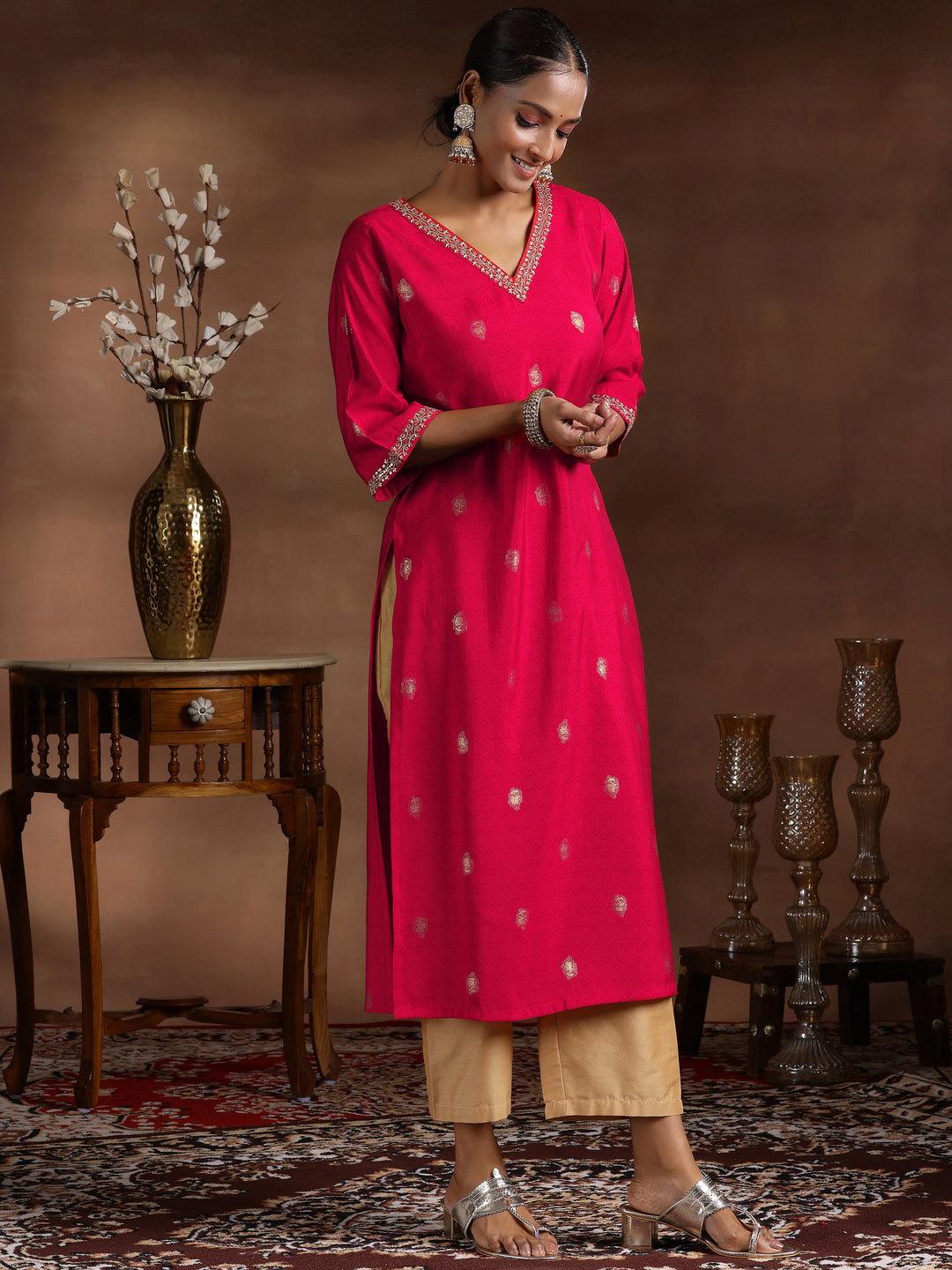Red Printed Silk Straight Kurta