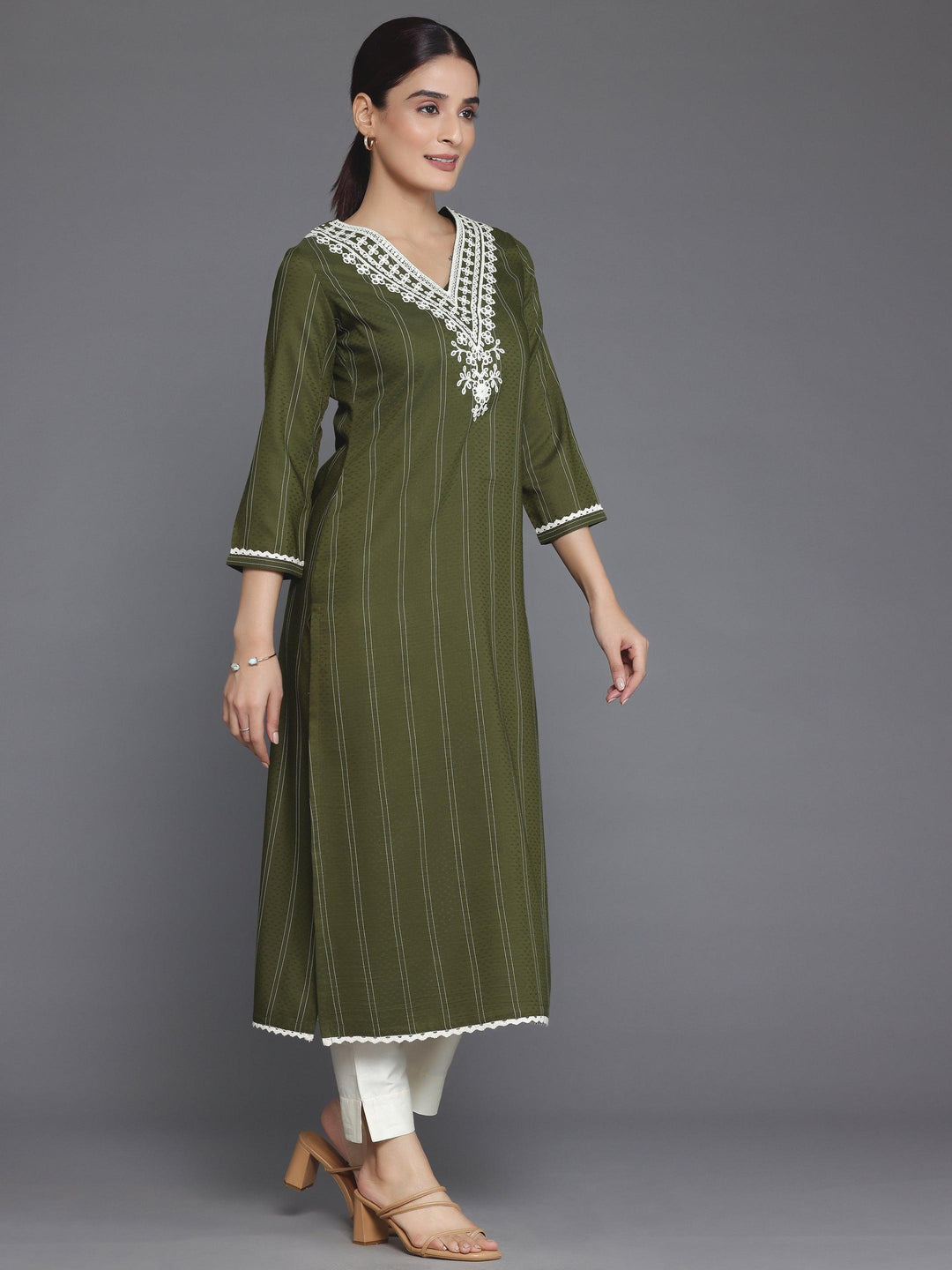 Olive Yoke Design Silk Straight Kurta