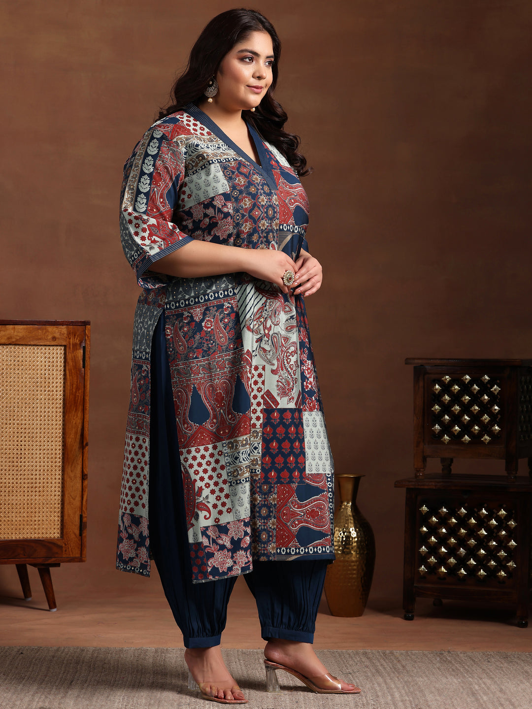 Plus Size Blue Printed Silk Blend Straight Suit With Dupatta