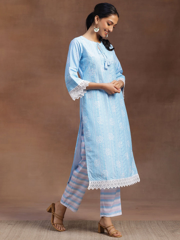 Blue Embroidered Cotton Blend Straight Suit With Dupatta
