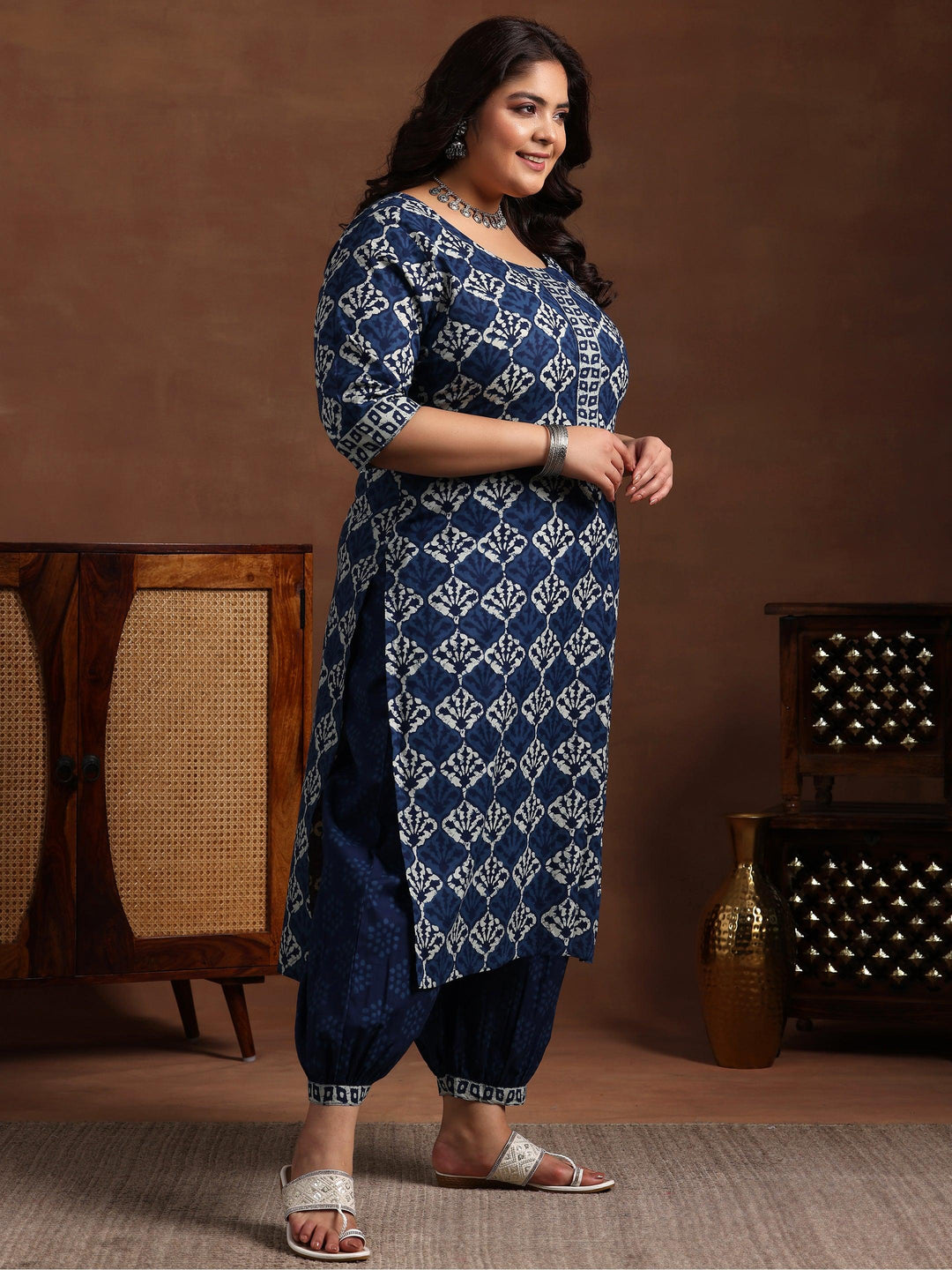 Plus Size Blue Printed Cotton Straight Suit With Dupatta