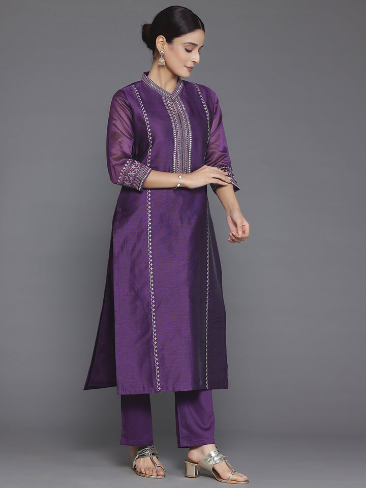 Wine Embroidered Chanderi Silk Straight Suit With Dupatta