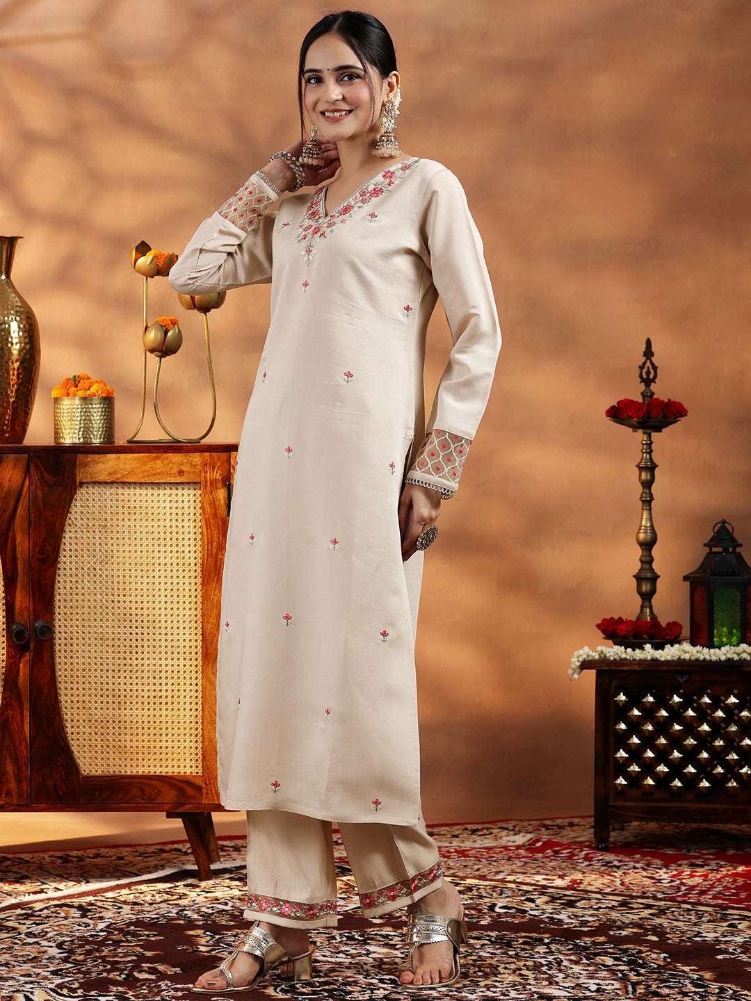 Ivory Embroidered Silk Blend Straight Suit With Dupatta