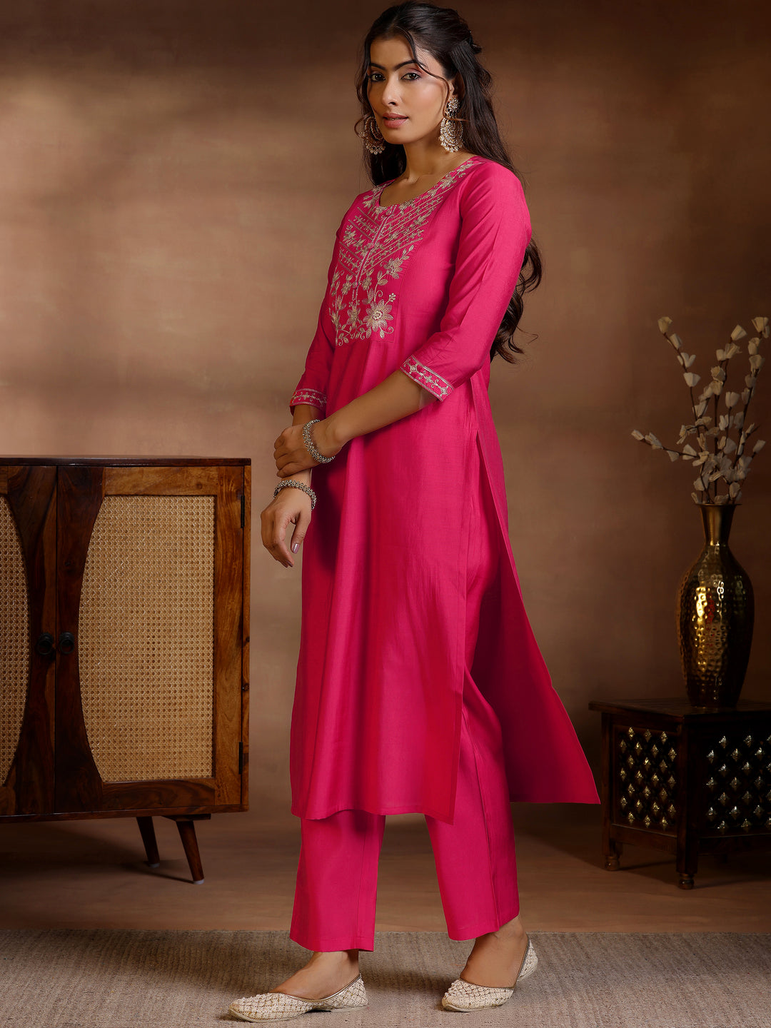 Pink Yoke Design Silk Blend Straight Suit Set With Dupatta