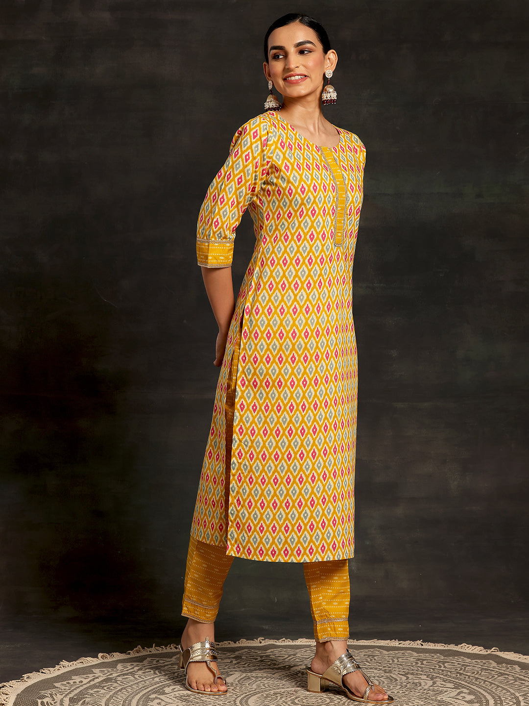 Mustard Printed Cotton Straight Suit With Dupatta