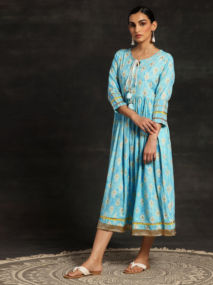 Turquoise Printed Cotton Fit and Flare Dress - ShopLibas
