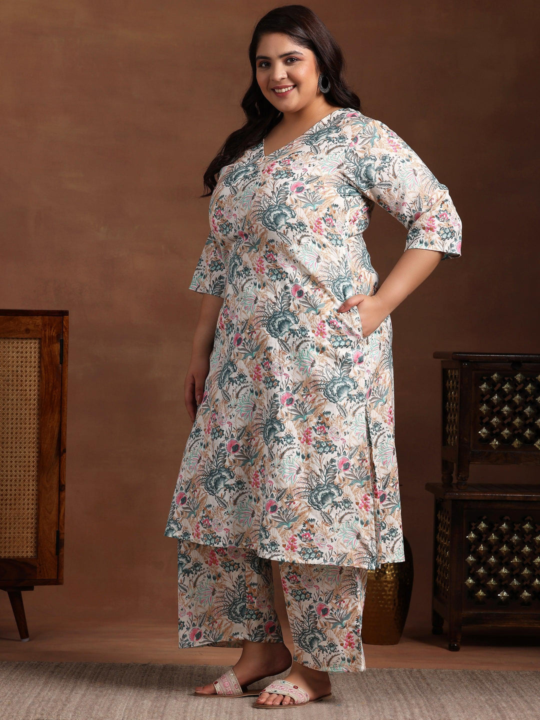 Plus Size Cream Printed Cotton Co-Ords