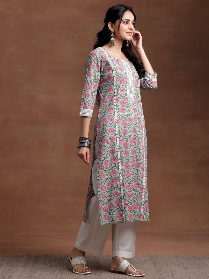 Blue Printed Cotton Straight Kurta