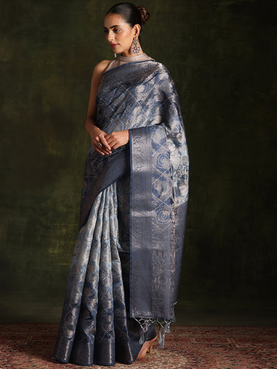 Blue Woven Design Brocade Saree With Unstitched Blouse Piece