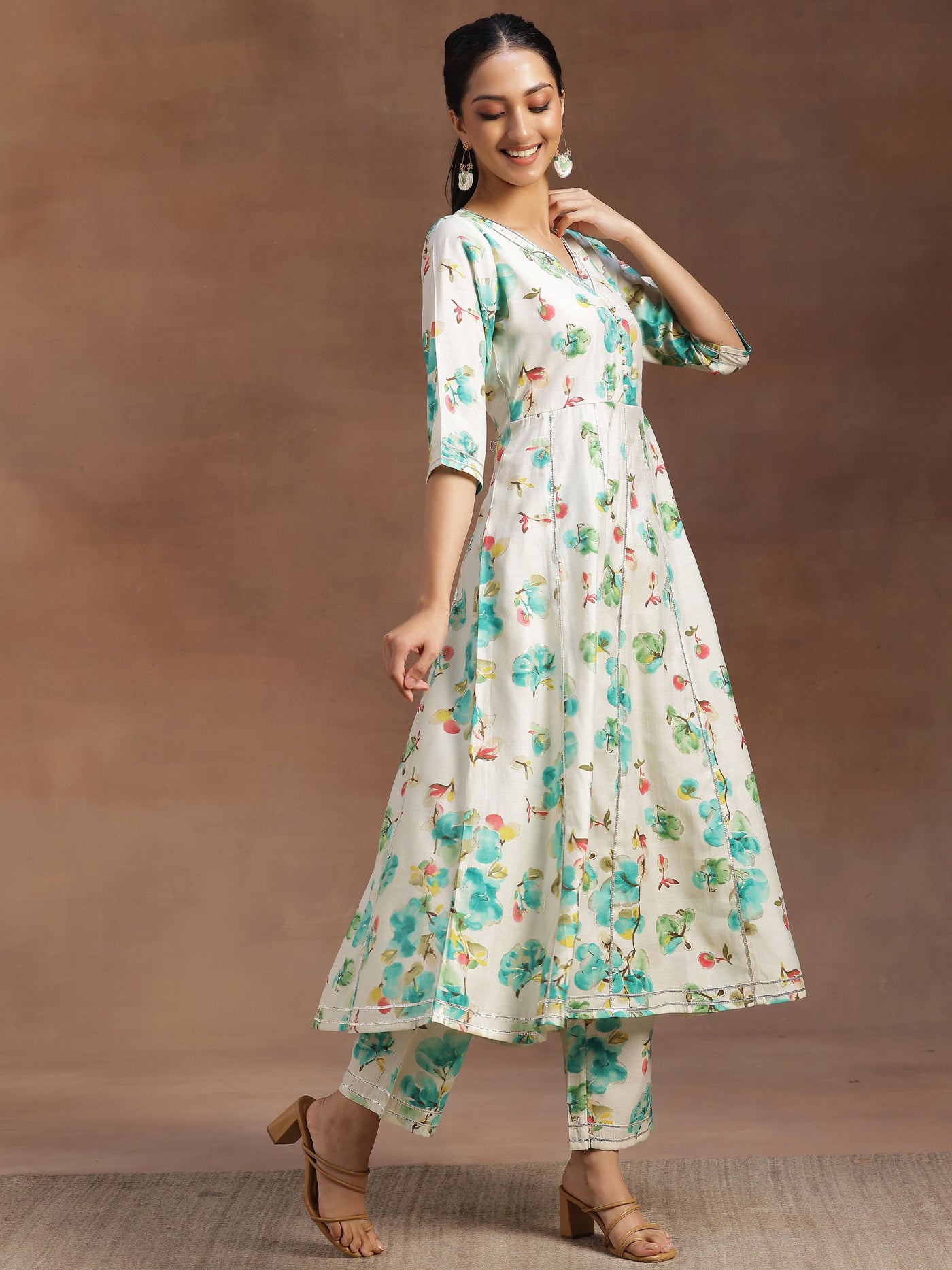 Off white Printed Silk Blend Anarkali Kurta With Trousers