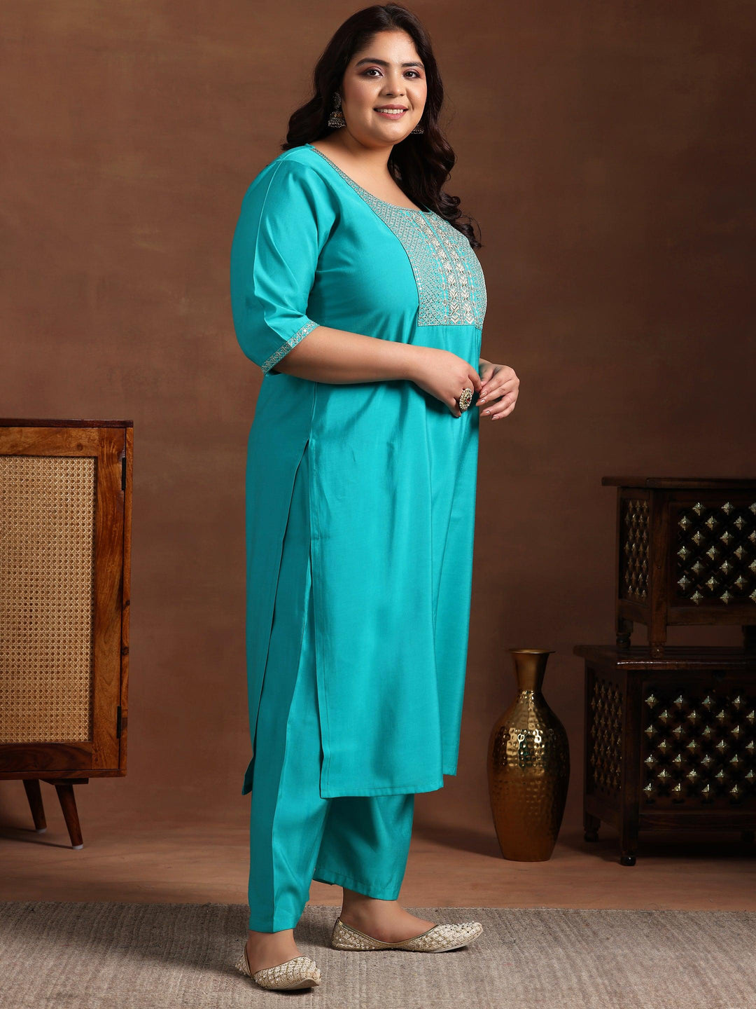 Plus Size Green Yoke Design Silk Blend Straight Suit With Dupatta