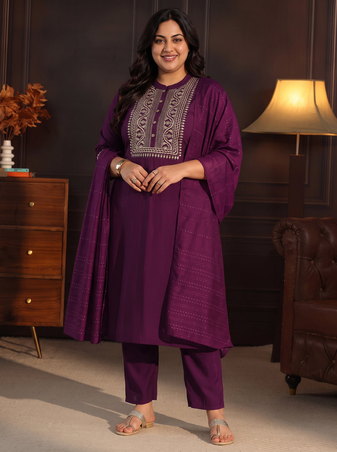 Plus Size Wine Yoke Design Silk Blend Straight Suit Set
